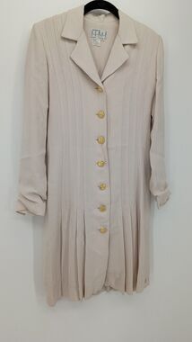 Vintage 80s Secretary Dress Pleated Midi Shoulder Pads Gold Buttons Workwear 6